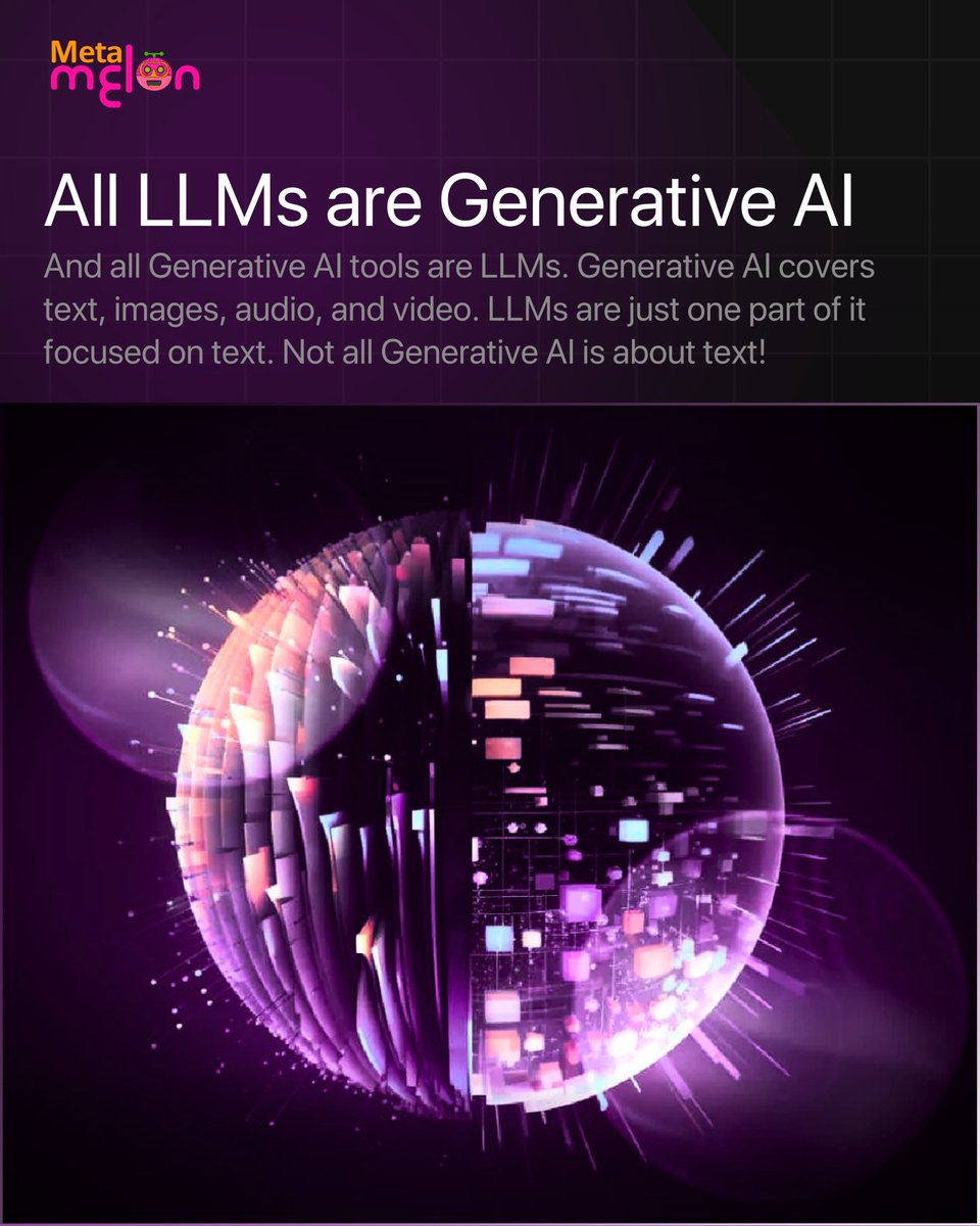 meta_m_official's tweet image. AI talk everywhere? 🤖 Let’s cut through the noise—LLMs and Generative AI aren’t the same! Swipe to get the facts.
#AIForHumans #GenerativeAI #LLMsExplained #TechMadeSimple #MetaMelon #AIInsights #FutureOfTech #KeepItReal