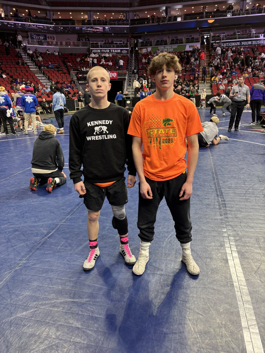 Warmed up and ready to roll at the State Tournament! Best of luck to these two: Kylan Walsh (106) &amp; Max Panosh (120). <a href="/CRCougars/">CR Kennedy</a>