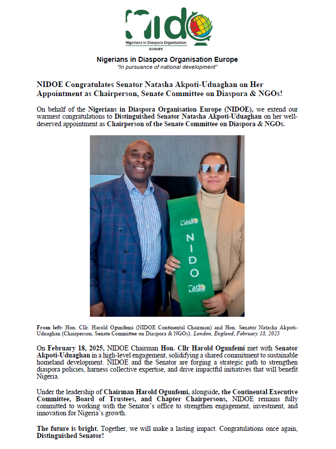Nigerians in Diaspora Org. Europe (NIDOE) (@nidoeurope1) on Twitter photo NIDOE Chairman Hon. Cllr Harold Ogunfemi met with Senator Akpoti-Uduaghan in a high-level engagement
<a href="/NatashaAkpoti/">Natasha Akpoti</a> #NIDOE #DiasporaEngagement #Leadership #NatashaAkpotiUduaghan #NIDCOM #NigerianSenate #NationalAssembly #PunchNews #GuardianNG #MediaNG #BreakingNews #NigeriaNews NIDOE Chairman Hon. Cllr Harold Ogunfemi met with Senator Akpoti-Uduaghan in a high-level engagement
<a href="/NatashaAkpoti/">Natasha Akpoti</a> #NIDOE #DiasporaEngagement #Leadership #NatashaAkpotiUduaghan #NIDCOM #NigerianSenate #NationalAssembly #PunchNews #GuardianNG #MediaNG #BreakingNews #NigeriaNews