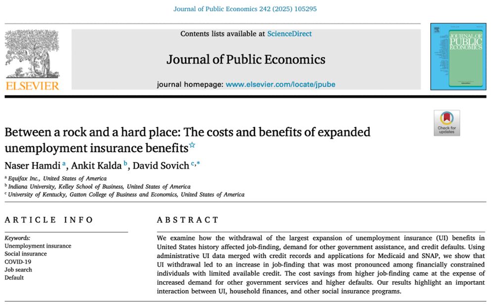 Journal of Public Economics (@jpubecon) on Twitter photo Just published in <a href="/JPubEcon/">Journal of Public Economics</a>:
"Between a rock and a hard place: The costs and benefits of expanded unemployment insurance benefits"
By Naser Hamdi, Ankit Kalda, & David Sovich
sciencedirect.com/science/articl… #econtwitter Just published in <a href="/JPubEcon/">Journal of Public Economics</a>:
"Between a rock and a hard place: The costs and benefits of expanded unemployment insurance benefits"
By Naser Hamdi, Ankit Kalda, & David Sovich
sciencedirect.com/science/articl… #econtwitter