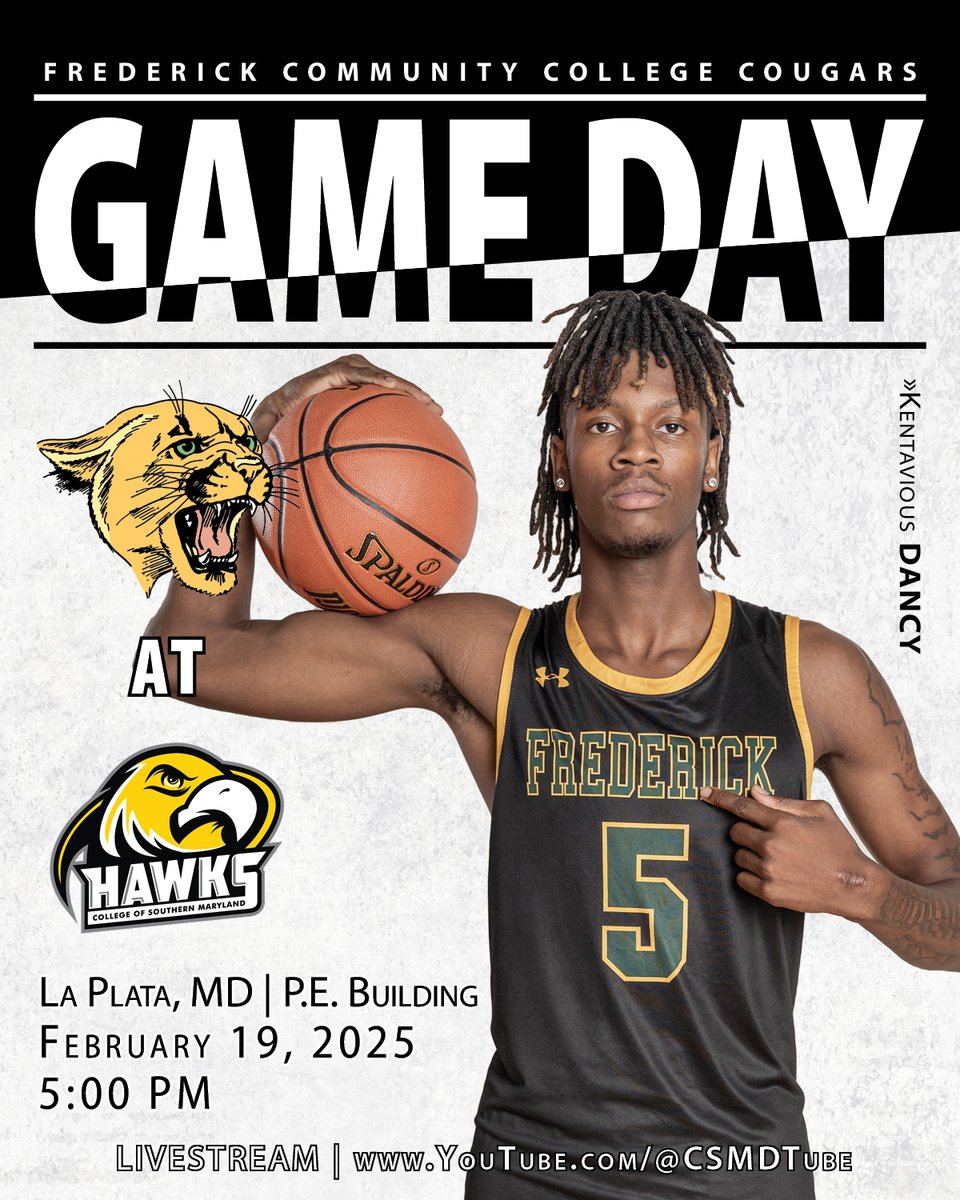 GAME DAY 🏀 #FCC_Cougars men’s basketball will travel to play the College of Southern Maryland Hawks at 5:00 PM! #GoCougars

📍: La Plata, MD
📅: 2/19/2025
⏰: 5:00 PM
📺: youtube.com/@CSMDTube