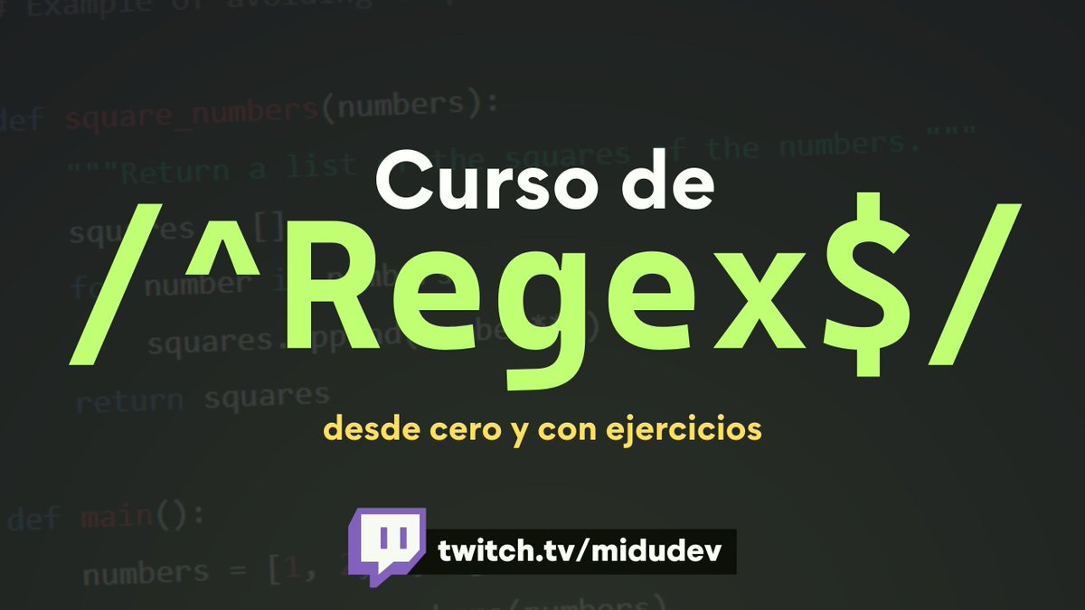 HOY tenemos curso de REGEX desde cero.
¡Aprende y domina expresiones regulares!

Grupos, cuantificadores, meta caracteres...
NUNCA más te van a dar miedo.

Horario por países:
18H 🇪🇸 17H 🇮🇨
14H 🇺🇾 🇦🇷 🇨🇱 🇵🇾 🇧🇷
13H 🇹🇹 🇧🇴 🇻🇪 🇩🇴 🇵🇷
12H 🇨🇴 🇵🇪 🇪🇨 🇨🇺 🇵🇦
11H 🇲🇽 🇨🇷 🇳🇮 🇸🇻 🇭🇳