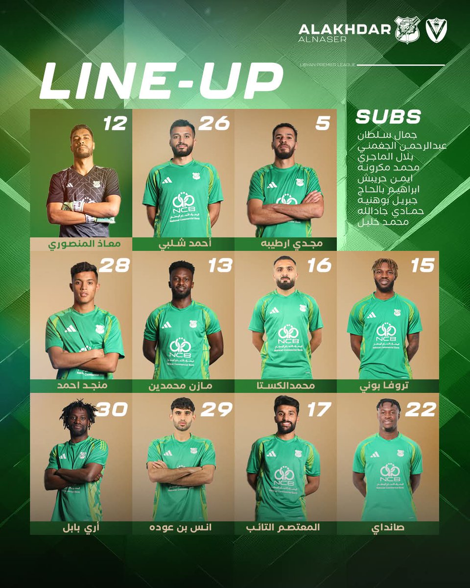 AkhdarSc's tweet photo. 📋 قائمة العنيد 🫡.
#الدوري_الممتاز 
𝗔𝗹𝗮𝗸𝗵𝗱𝗮𝗿𝟭𝟵𝟱𝟴 🟢 https://t.co/JbyFDILgu9