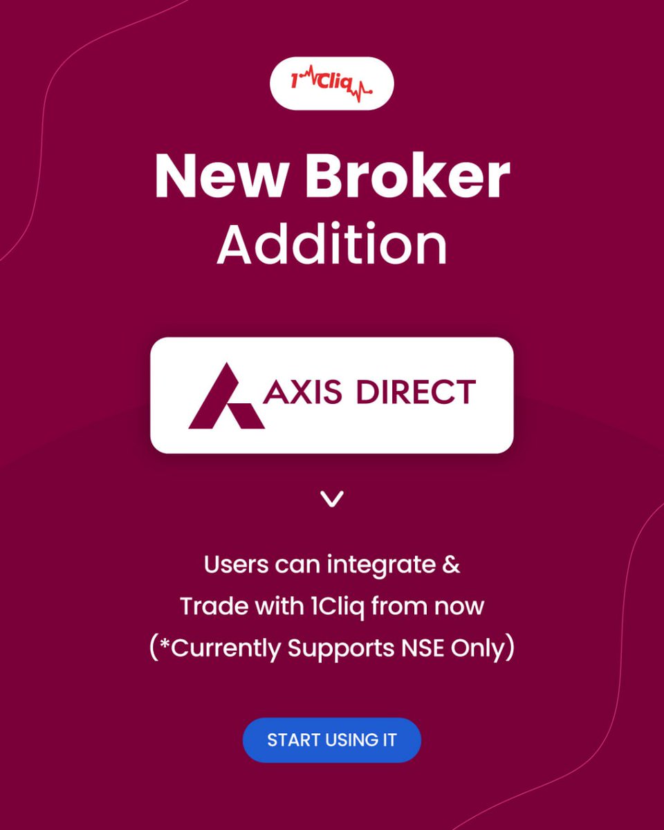 Justsiva123's tweet image. 🚀 Great News for Traders! 🚀

🎉📈 We’re excited to announce that Axis Direct is now Integrated with #1Cliq

Execute your trades lightning fast ⚡️ with Axis Direct using 1Cliq’s Powerful shortcut keys and seamless API integration! 💻📊

*Currently Supports NSE Only

🔗 Start…