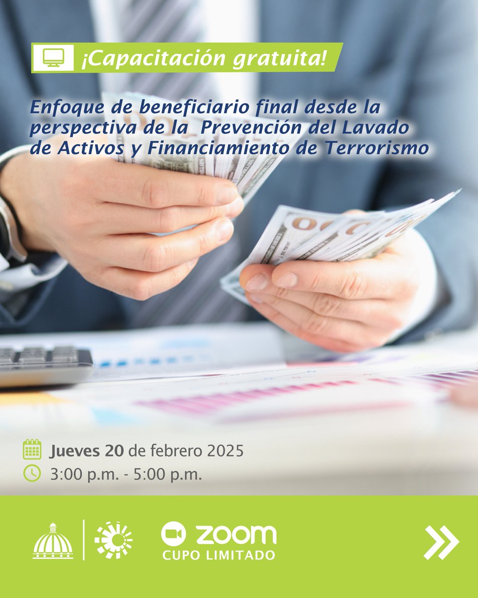 DGii's tweet image. Este jueves 20 de febrero te enseñaremos sobre el enfoque del beneficiario final desde la perspectiva de la prevención del lavado. Aprovecha esta oportunidad de ampliar tus conocimientos. Cupos limitados. 

Hora: 3:00 p.m. a 5:00 p.m.
Plataforma: Zoom
Inscripción:…