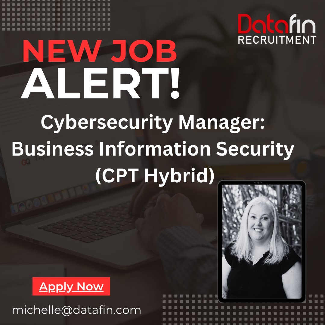 DatafinSA's tweet image. THE strong leadership of a Cybersecurity Manager: Business Information Security is sought by a reputable Multinational company to take responsibility for scaling information and Cybersecurity. 

Apply here - datafin.com/job/cybersecur…

#cybersecuritymanager #datafinrecruitment