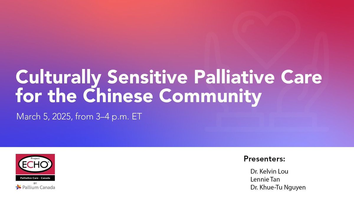 Join Dr. Kelvin Lou, Lennie Tan and Dr. Khue-Tu Nguyen on March 5 for a webinar on providing culturally sensitive palliative care for the Chinese community. 

Learn key insights and strategies for providing compassionate, culturally appropriate care. 

🔗buff.ly/4kaBoC6