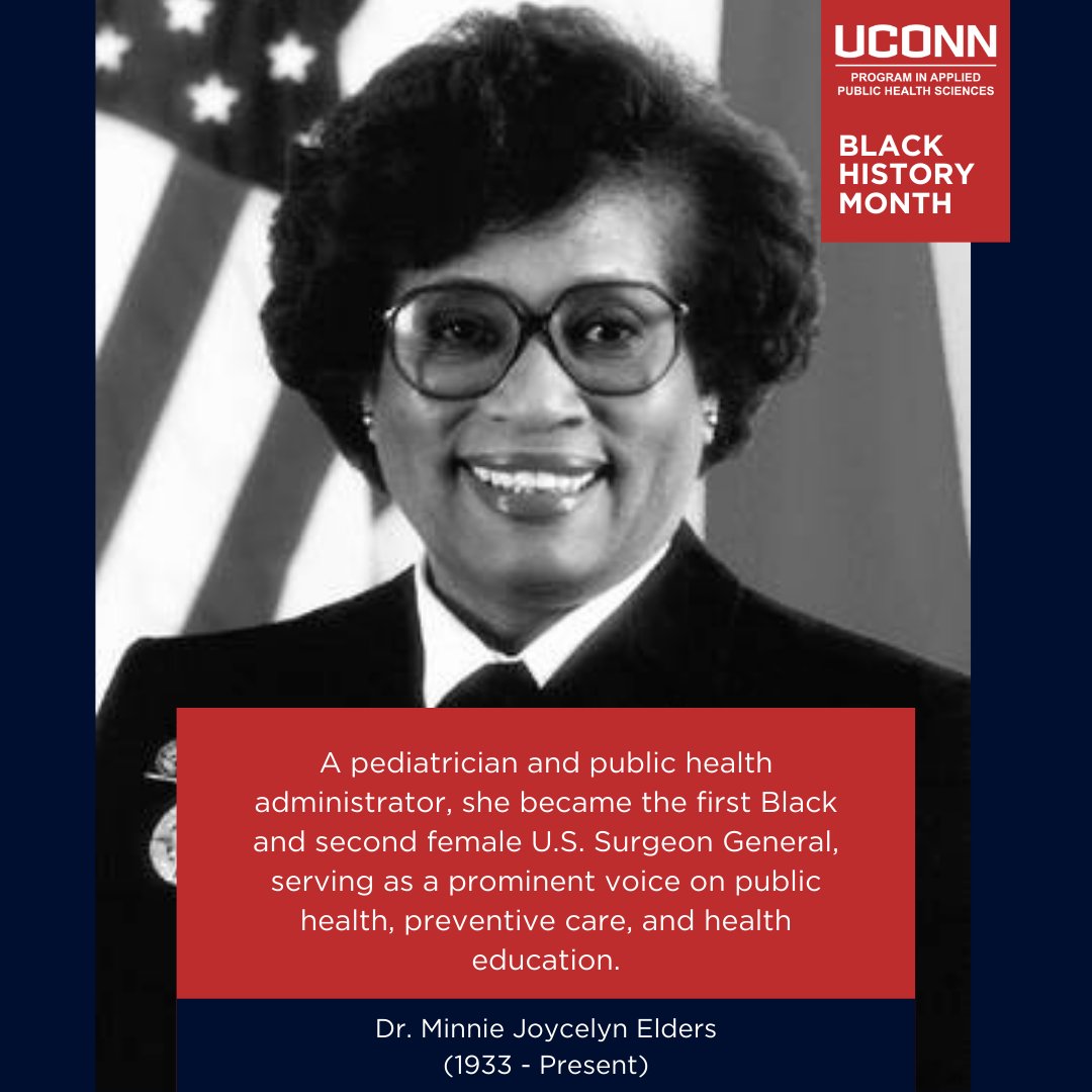 uconnaphs's tweet photo. Dr. Minnie Joycelyn Elders, a pediatrician and public health administrator, broke barriers as the first Black and second female U.S. Surgeon General. 
-
Learn about other inspiring stories here: https://t.co/ResaA7wqI6
-
#publichealth #blackhistory https://t.co/sEWMWTYXhK