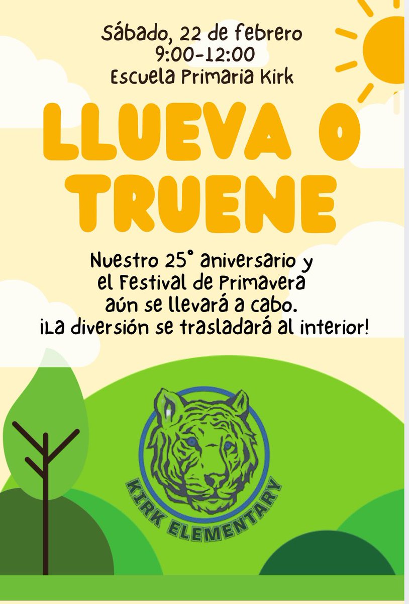MrsHankinsClass's tweet image. Our 25th Anniversary &amp;amp; Spring Fest will still take place @KirkElementary. The fun will be moved indoors!  

Nuestro 25° aniversario y el Festival de Primavera aún se llevará a cabo. ¡La diversión se trasladará al interior!

#KirkCan 🐾