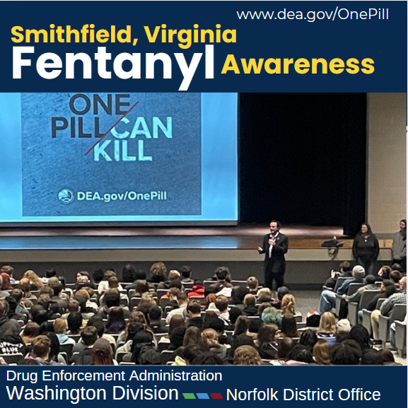 DEAWashingtonDC's tweet photo. #OnePillCanKill, but one conversation can SAVE LIVES. Accept the #DEAChallenge: “Step Up,” “Speak Out” and “Fight Back.” Thank you, Smithfield HS, for your partnership and opening your doors for us to speak about #Fentanyl, #fakepills and drug misuse. https://t.co/1Bg2MHZpEe