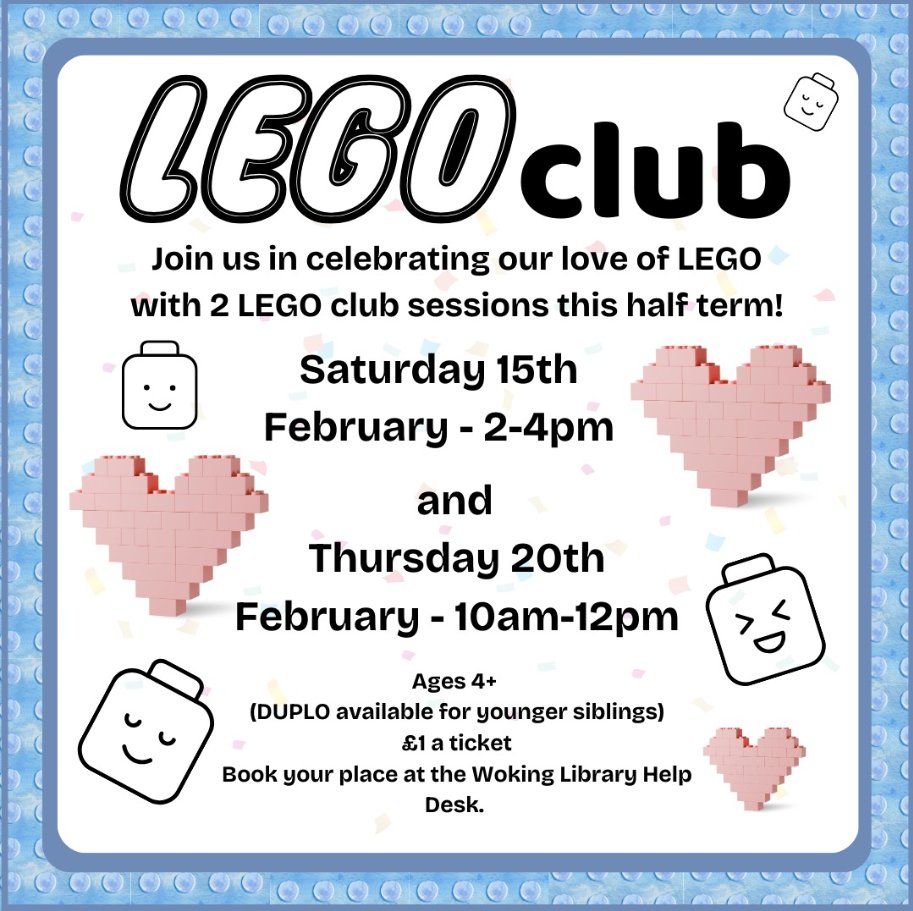 WokingLibrary's tweet image. Woking Library's LEGO club is back!
We still have one more session this half-term, tomorrow from 10am till 12pm!
Ages 4+, with DUPLO available for younger siblings. Tickets are £1 per child. Book your space at the Woking Library Help Desk ❤️
@SurreyLibraries
