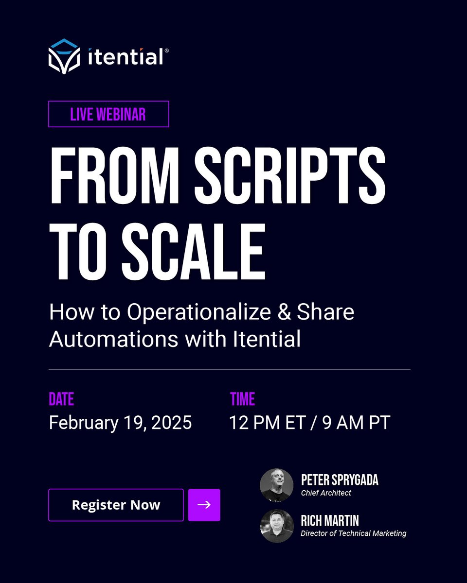 Itential's tweet image. Automation experts @privateip &amp;amp; @RichMar_Network go live in 2 hours! 

They&apos;ll walk through operationalizing #NetworkAutomations with Itential&apos;s Automation Service, turning scripts into secure, shareable services with ease.

Watch here at 12PM ET / 9AM PT: bit.ly/42YlzrM