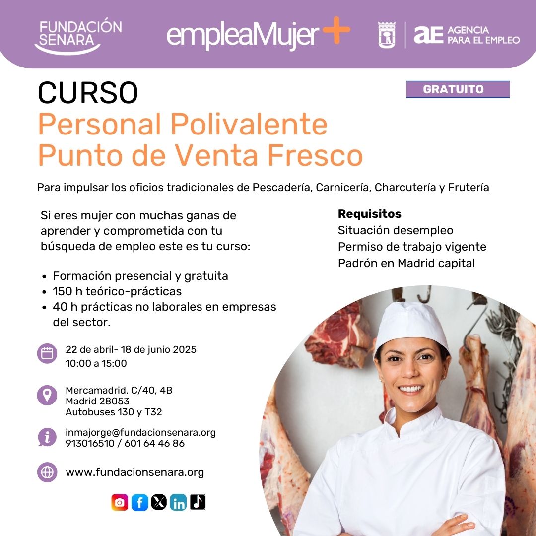 📢¡Abrimos inscripciones al curso Personal Polivalente Punto de Venta Fresco de #EmpleaMujer+!
✅Formación gratuita
✅150h teórico-prácticas + 40h prácticas
📅22 abril-18 junio
📍<a href="/mercamadrid_hoy/">Mercamadrid</a>
💬Más info ¡contáctanos!
#Fundacionsenara <a href="/aempleomadrid/">Agencia para el Empleo del Ayuntamiento de Madrid</a>  #Formación #Madrid