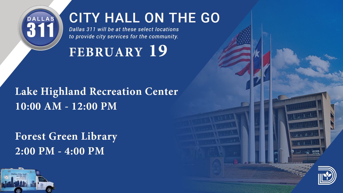 311Dallas's tweet image. Ready to make a difference? Please stop by at the location below and let us help you with your City of Dallas service requests .#dallasrecreationcenters #dallascode #dallas #dallasrecreationcenter #cityhallonthego #dallascityhall #dallascommunity #dallascitycouncil #dallasnews