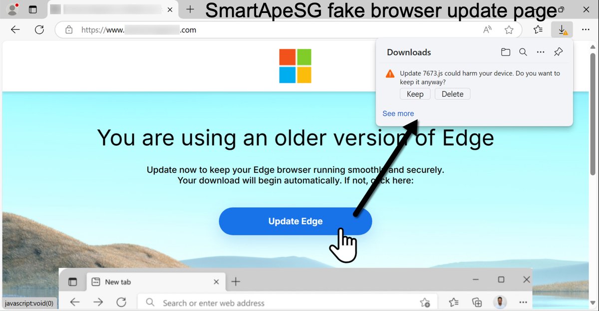 Unit42_Intel's tweet image. 2025-02-18 (Tuesday): Legitimate but compromised websites with an injected script for #SmartApeSG lead to a fake browser update page that distributes #NetSupportRAT malware. During an infection run, we saw follow-up malware for #StealC. More info at bit.ly/4gKGCBr