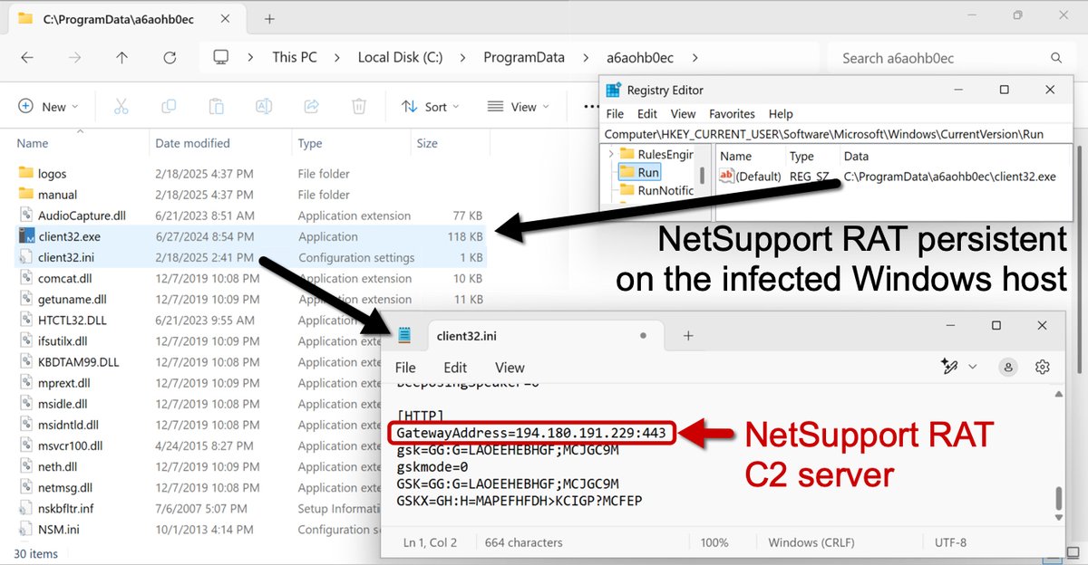 Unit42_Intel's tweet image. 2025-02-18 (Tuesday): Legitimate but compromised websites with an injected script for #SmartApeSG lead to a fake browser update page that distributes #NetSupportRAT malware. During an infection run, we saw follow-up malware for #StealC. More info at bit.ly/4gKGCBr