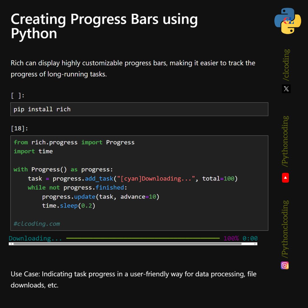 clcoding's tweet photo. Creating Progress Bars using Python https://t.co/k4xgWIsp1W