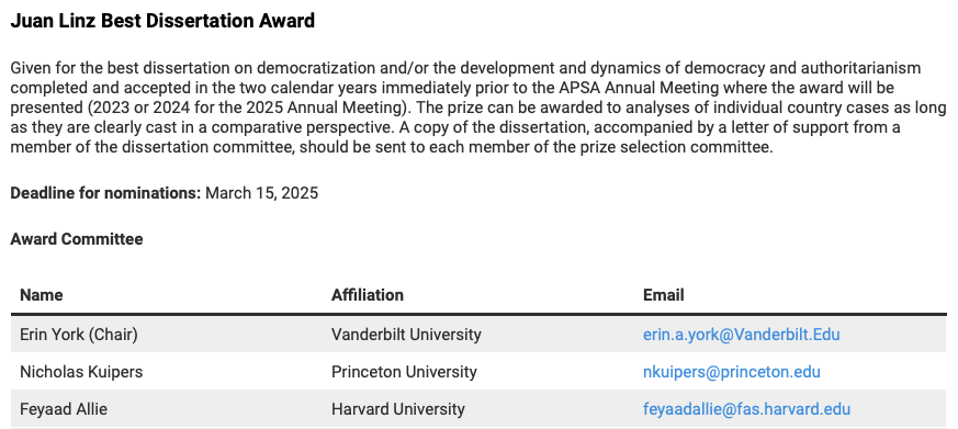FeyaadAllie's tweet image. If you or your student defended a dissertation in 2023 or 2024 related to democracy/autocracy, nominations are open for the APSA Juan Linz Dissertation Award. Submissions will be accepted until March 15. Details here: apsanet.org/membership/org…