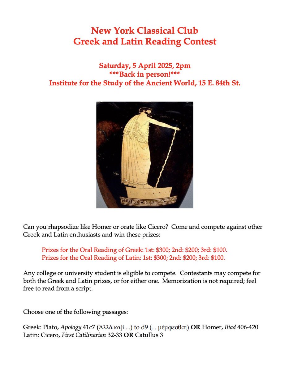 CUNYClassicsGC's tweet image. &amp;gt;&amp;gt;&amp;gt;&amp;gt;Latin &amp;amp; Greek Recitation Contest 2025&amp;lt;&amp;lt;&amp;lt;&amp;lt;
Saturday 4/5  in person!
2-4 PM EST

Institute for the Study of the Ancient World (ISAW) 
15 E 84th StreetNew York, NY, 10028

To register, e-mail Katharina Volk (kv2018@columbia.edu) by March 29

#ClassicsTwitter #ClassicsX