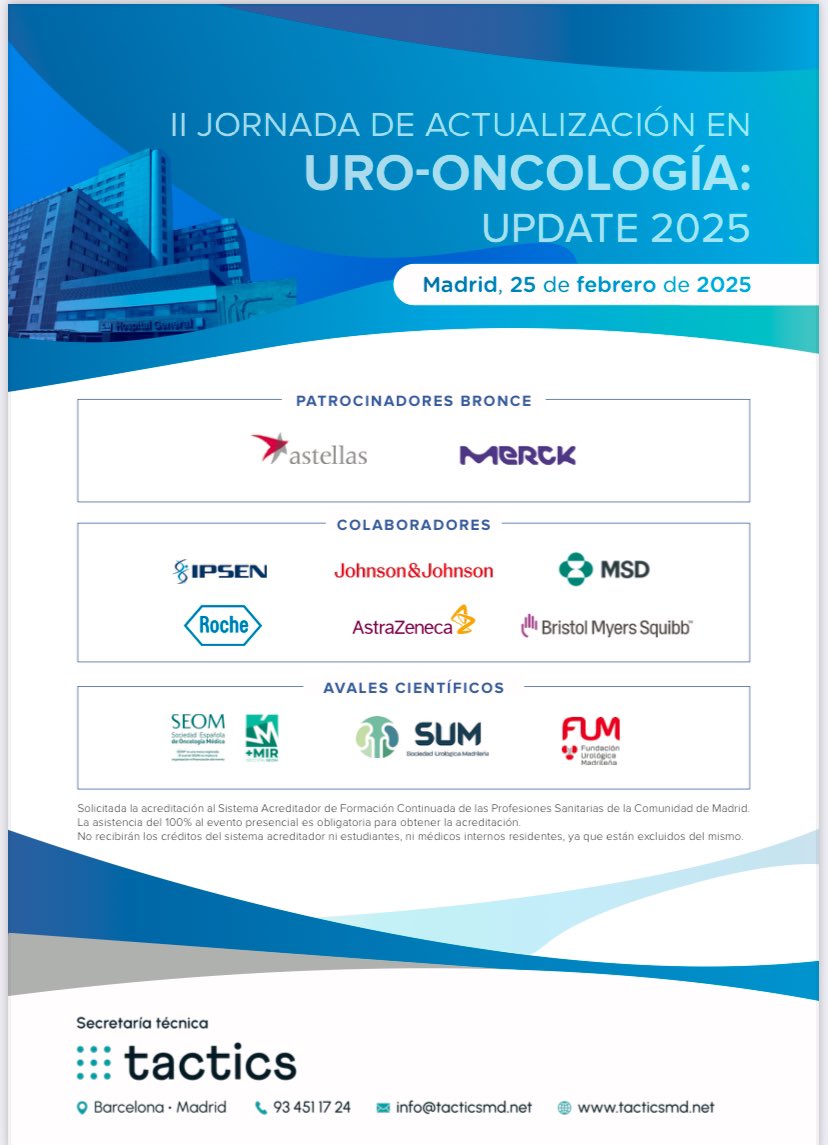 ¡Queda menos de 1 semana!

Tenemos todo preparado para la II Jornada de Actualización en Uro-Oncología, el 25 de febrero en el Hospital Universitario La Paz (Madrid). ¡Te esperamos!

Consulta el programa e inscríbete aquí: tacticsmd.net/actividad/jorn…