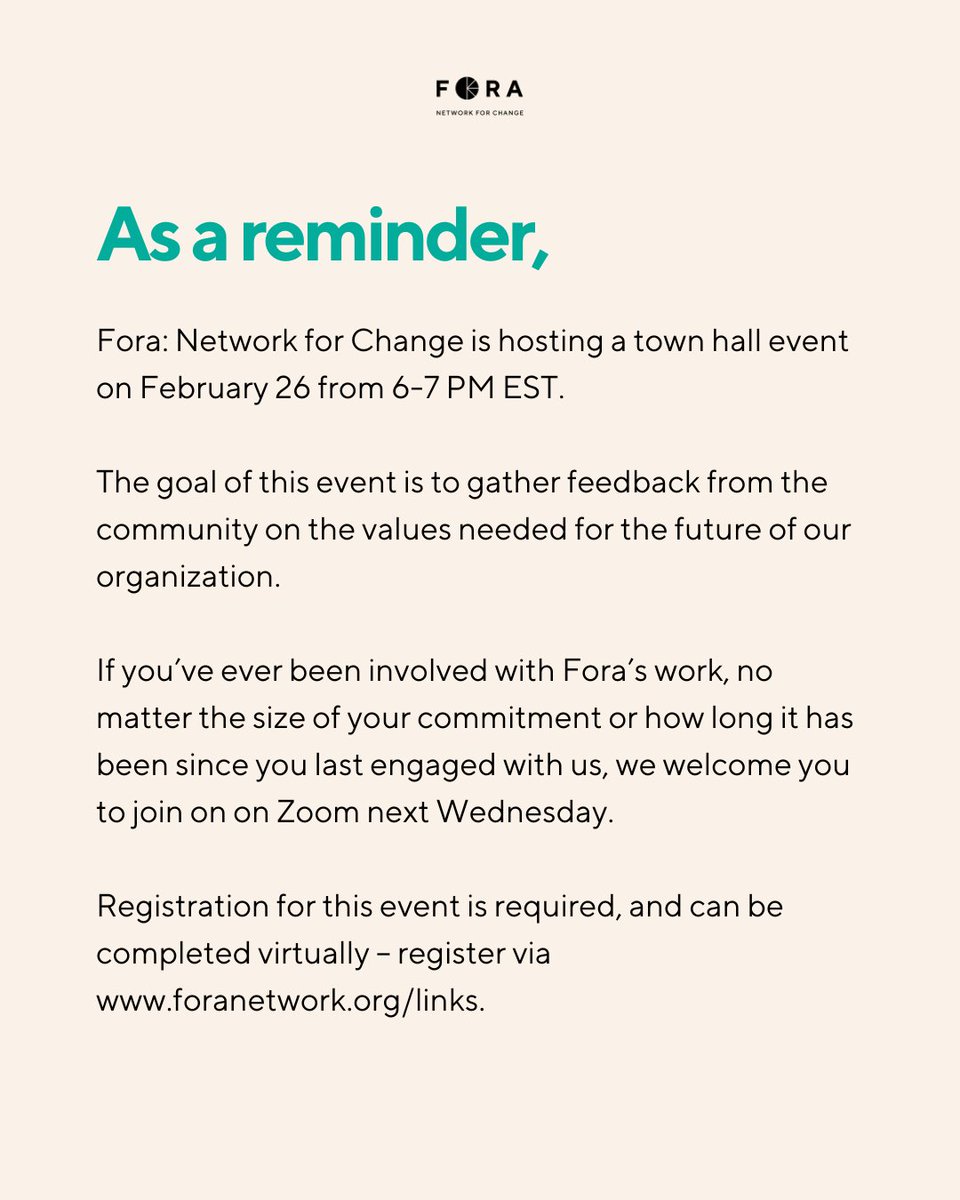 As a reminder, we'll be hosting a free town hall event next Wednesday from 6-7 PM EST. This event will be virtual and is open to all members of the Fora community!

🔗 Link to register: us02web.zoom.us/meeting/regist…
