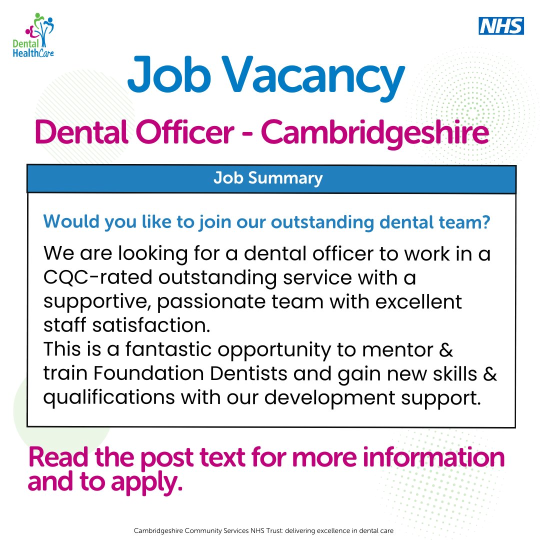 Job Vacancy: Dental Officer
Location: Cambridgeshire 
Closing date 2 March 2025

📢 Interested? Click the link for more information - healthjobsuk.com/job/UK/Cambrid…

#DentalCareers #DentalJobsCambridgeshire #DentalOfficerJobs