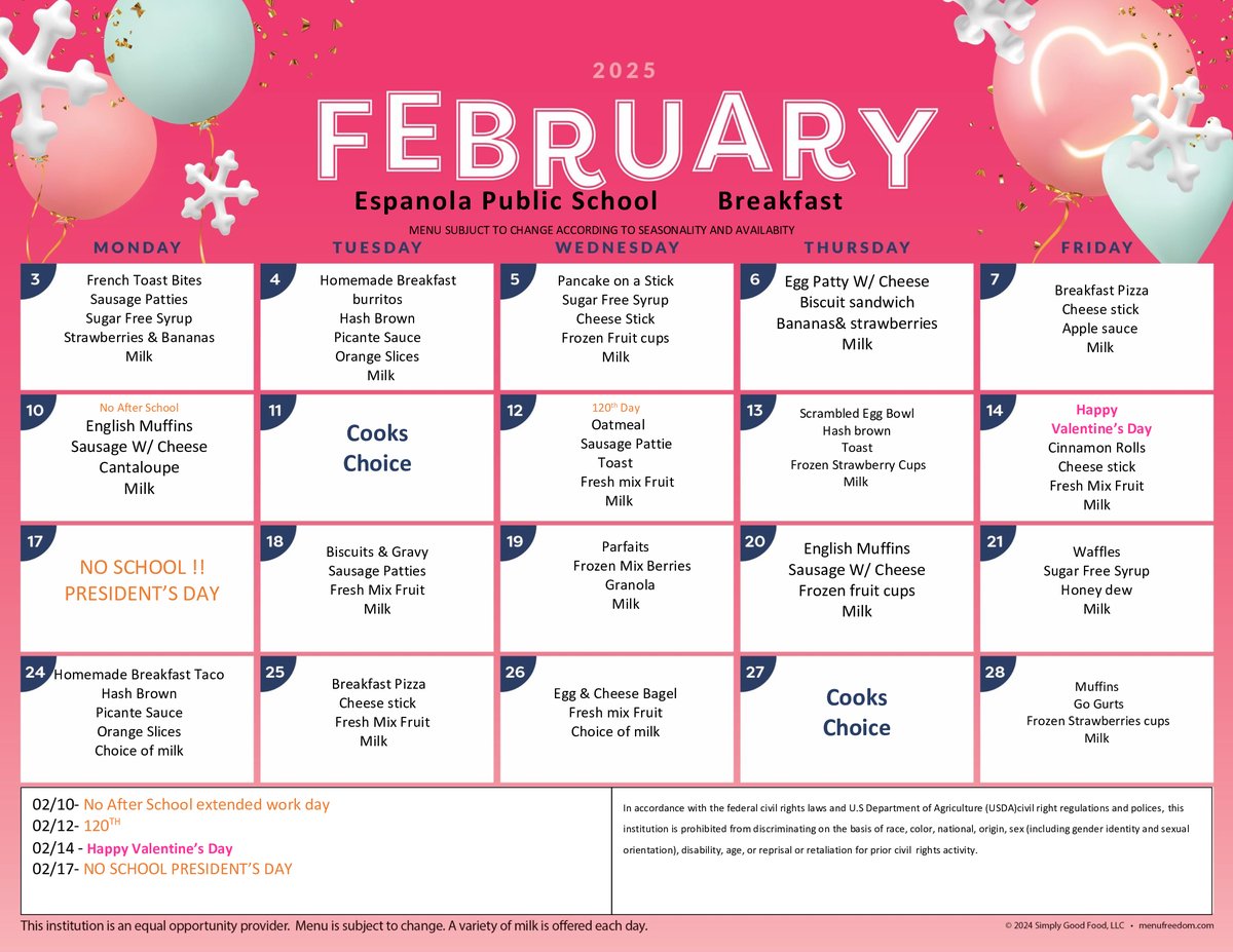 CFVMiddleSchool's tweet image. 🍽️ February Menus🍴

#SchoolMenus
