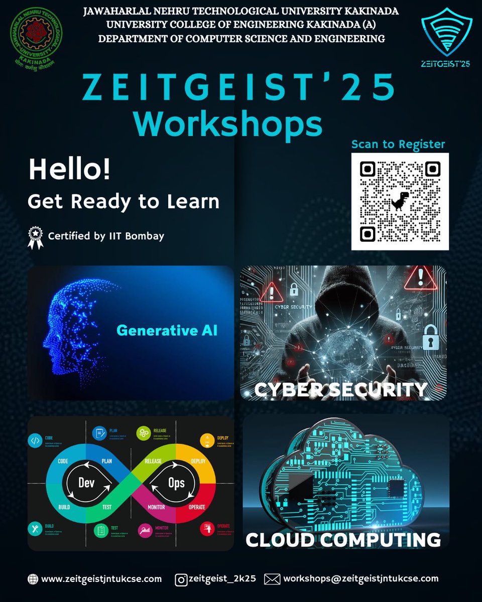 Zeitgeist_2k25's tweet photo. Join Zeitgeist ’25 Workshops to explore cutting-edge tech domains! 🚀 Dive into Generative AI 🤖, Cybersecurity 🔐, Cloud Computing ☁️, and DevOps ⚙️. Scan the QR code to embark on this learning adventure!
#Zeitgeist_2k25
#JNTUK
#technology
#WorkshopAI
#4elements
#Trump https://t.co/YlbYzzkvQi