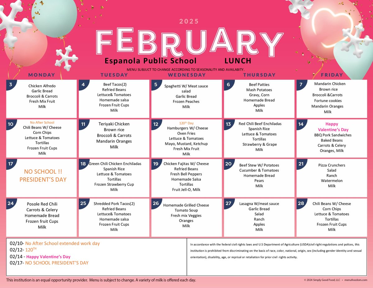 CFVMiddleSchool's tweet image. 🍽️ February Menus🍴

#SchoolMenus