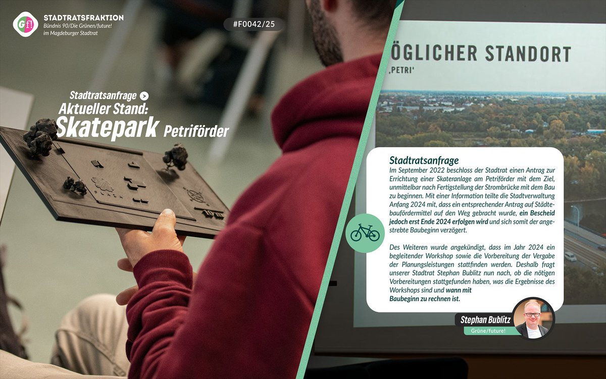 Wann und wie geht es weiter mit dem geplanten Skatepark unter der Strombrücke. Das wollen wir in einer aktuellen Anfrage im Stadtpark erfahren. 
Zur Anfrage:
ratsinfo.magdeburg.de/vo0050.asp?__k…