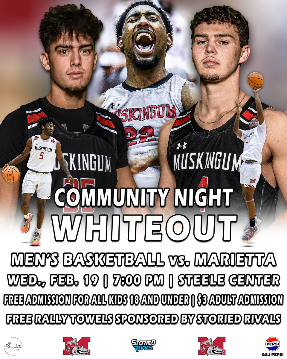 Muskingum Athletics (@fightingmuskies) on Twitter photo 🚨GAMEDAY🚨
🏀<a href="/MuskingumHoops/">Muskingum Men’s Basketball</a>
⬜️: Whiteout
🎟 FREE for all kids 18 & under | $3 Adults
🎉 FREE whiteout rally towels (sponsored by Storied Rivals)
🎯 Promo items tossed into the crowd after every Muskie 3-pointer!
💰 Dr. Pepper Dollars halftime promo (courtesy of G&J Pepsi) 🚨GAMEDAY🚨
🏀<a href="/MuskingumHoops/">Muskingum Men’s Basketball</a>
⬜️: Whiteout
🎟 FREE for all kids 18 & under | $3 Adults
🎉 FREE whiteout rally towels (sponsored by Storied Rivals)
🎯 Promo items tossed into the crowd after every Muskie 3-pointer!
💰 Dr. Pepper Dollars halftime promo (courtesy of G&J Pepsi)