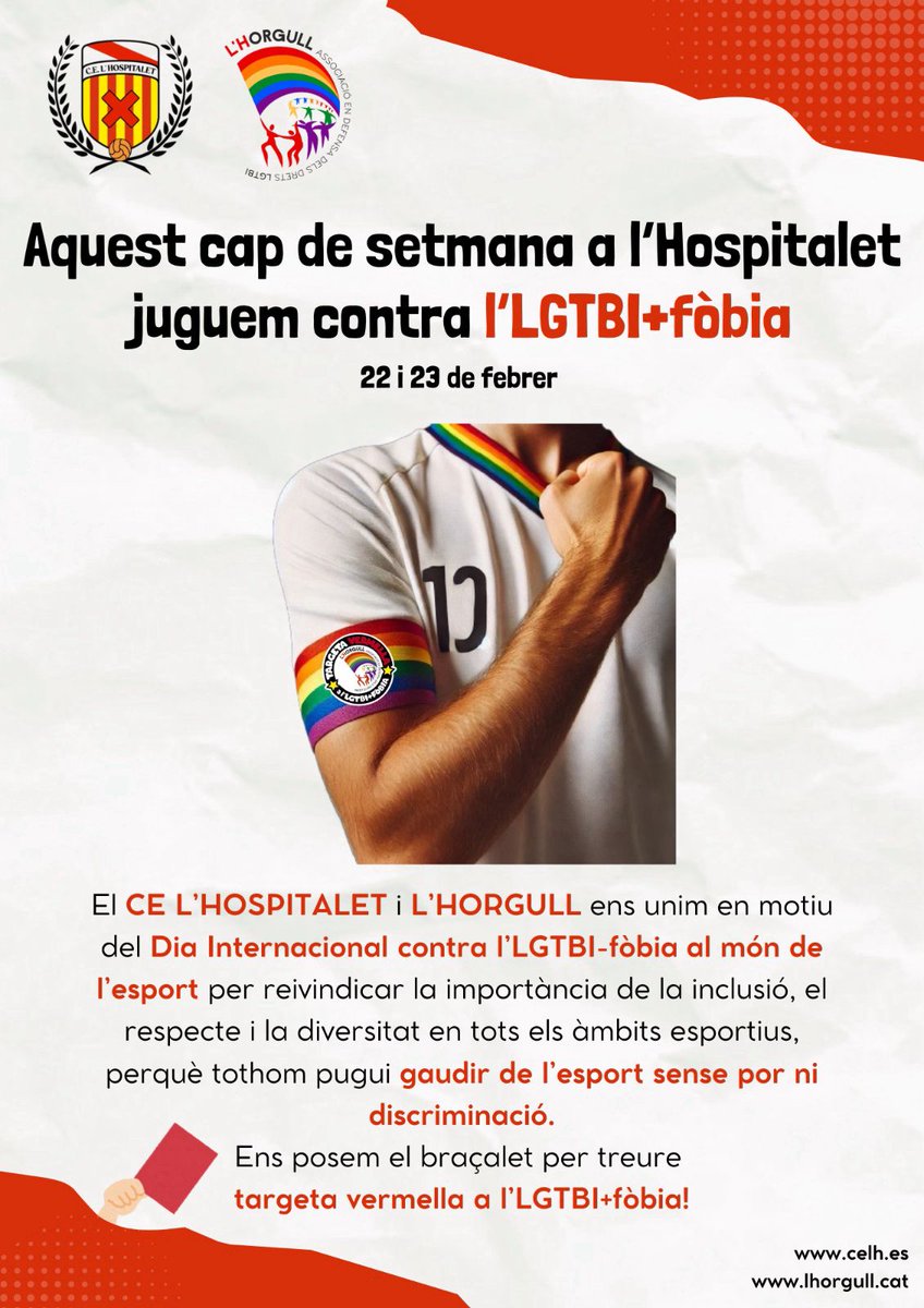 CE L'Hospitalet (@celhospitalet) on Twitter photo ⛔️ Avui, Dia Internacional contra l'LGTBIfòbia en el món de l'esport tornem a dir PROU!
🌈 Ens adherim a la campanya de <a href="/Lhorgull/">L'Horgull 🏳️🌈🏳️⚧️</a> i el proper cap de setmana tots els capitans i capitanes dels nostres equips lluiran el braçalet commemoratiu.
#ContraLGTBIFòbia ⛔️ Avui, Dia Internacional contra l'LGTBIfòbia en el món de l'esport tornem a dir PROU!
🌈 Ens adherim a la campanya de <a href="/Lhorgull/">L'Horgull 🏳️🌈🏳️⚧️</a> i el proper cap de setmana tots els capitans i capitanes dels nostres equips lluiran el braçalet commemoratiu.
#ContraLGTBIFòbia