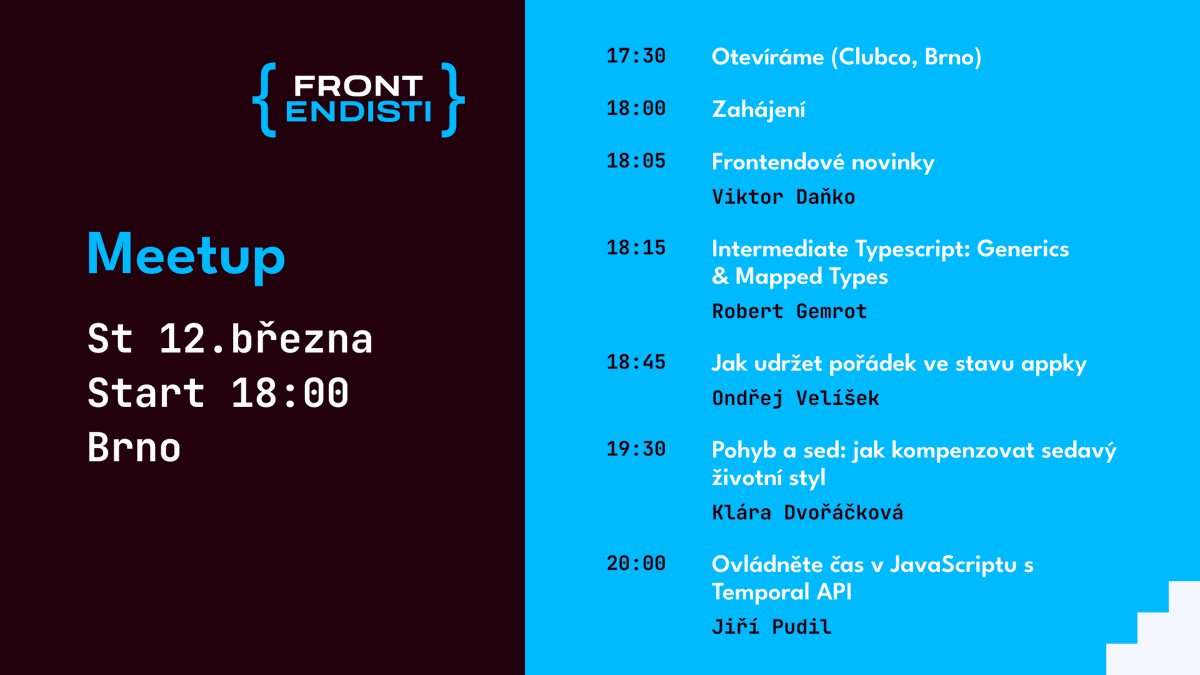 Hi, Let me invite you to the Frontendisti meetup, where I’ll be giving a talk among others. (only in czech). 👋