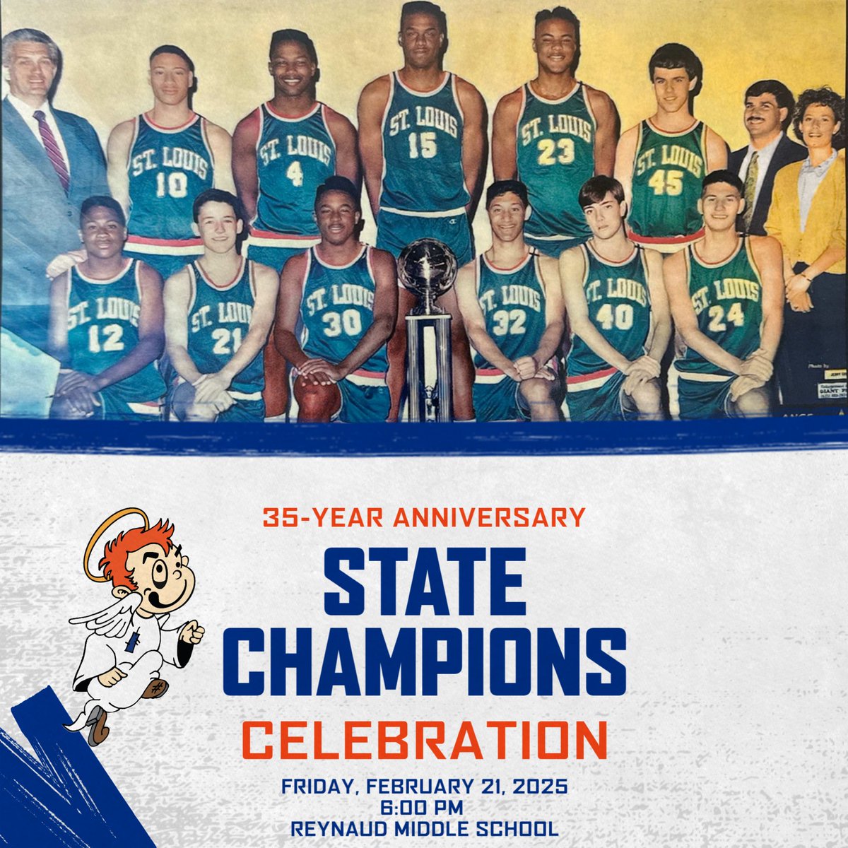 Celebration time!  🏀 

Come out Friday night to celebrate the 35-year anniversary of the State Championship team.
Game time is set for 6:00 pm and we will honor the team at halftime.  

#WeAreSaints