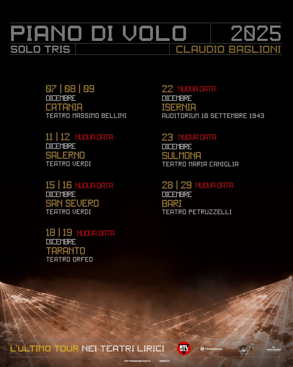 ClaudioBaglioni's tweet image. #pianodivolosolotris

10 NUOVI RECITAL VOCE E ALTRI STRUMENTI IN 6 TEATRI DEL SUD ITALIA
COMPLETANO L’ULTIMO GIRO NEI GRANDI TEATRI LIRICI DEL BELPAESE
DECOLLATO IL 15/01 DAL TEATRO DELL&apos;OPERA DI ROMA
 
SALERNO
SAN SEVERO
TARANTO
ISERNIA
SULMONA 
E BARI 

Info @officialFandP