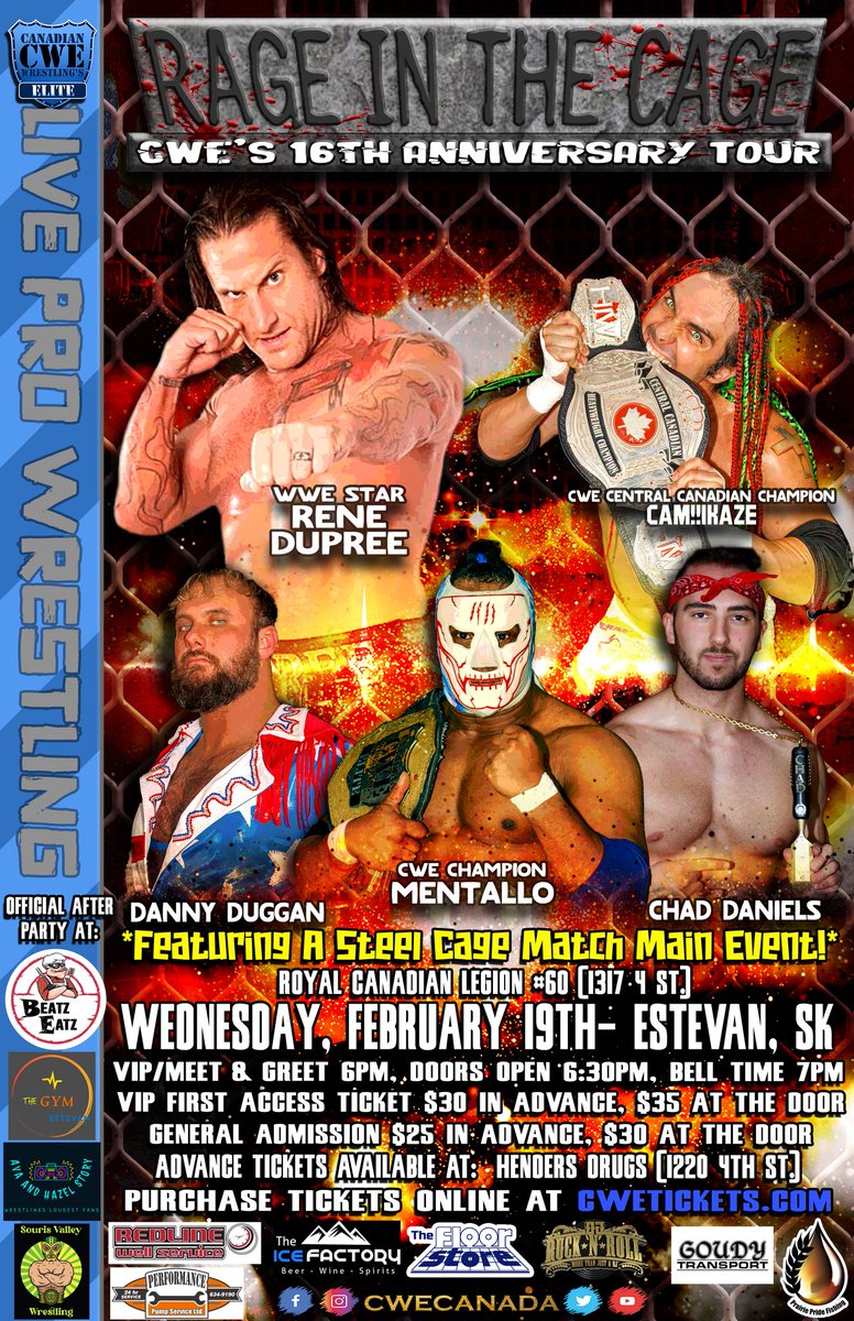 TONIGHT! <a href="/CWECanada/">CWE Canada</a> Estevan, Saskatchewan Ft. A Steel Cage Match Main Event, WWE Star Rene Dupree, <a href="/HotshotDannyD/">Hotshot Danny Duggan</a> <a href="/kevinjhcannon/">Kevin Cannon</a> <a href="/shaunmartens/">Headline Shaun Martens</a> <a href="/CrudeOilCodyMac/">Cody Mac</a> <a href="/lionwarriorab/">Bobby Sharp</a> <a href="/ronnieattitude/">Ronnie Attitude</a> &amp; more!