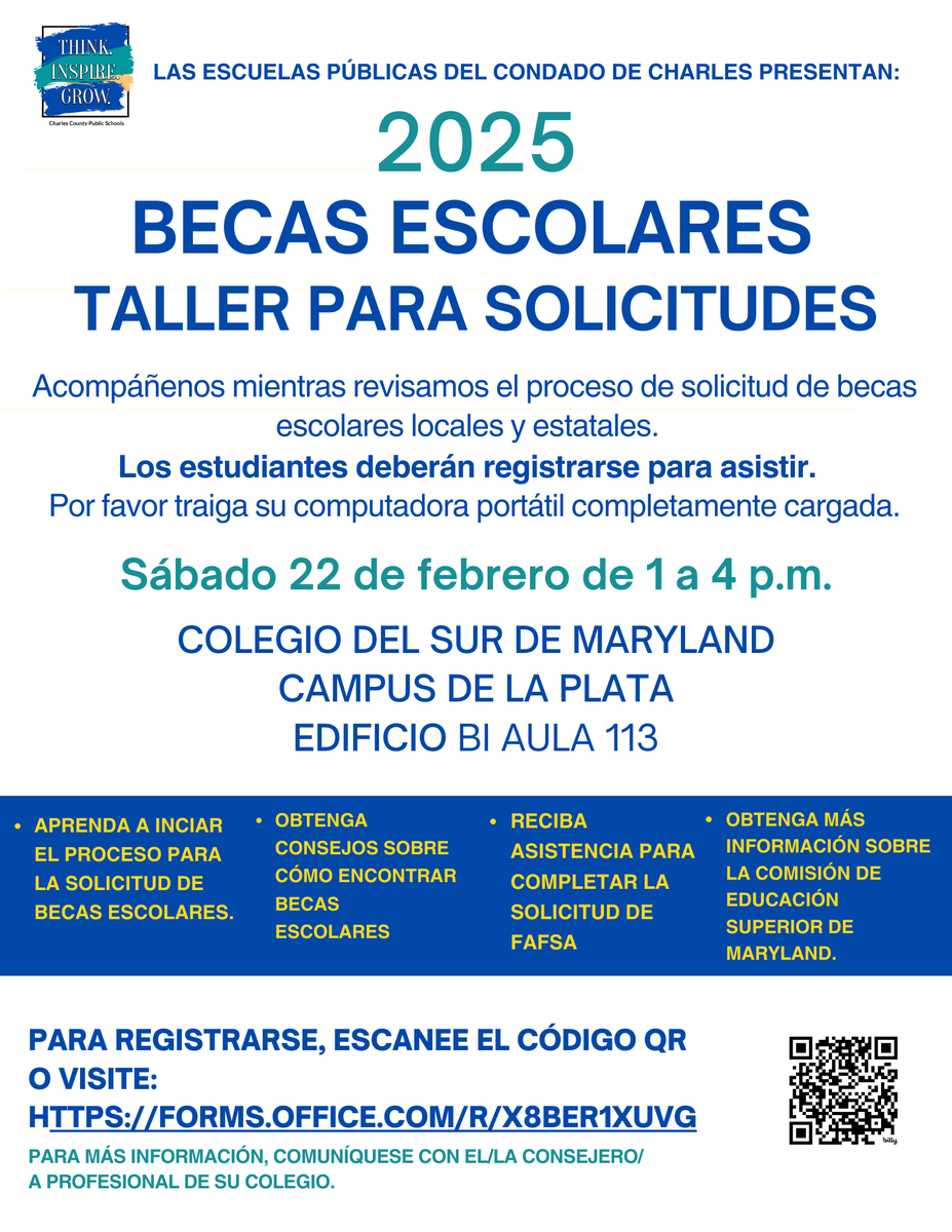 A Scholarship Application Workshop on Saturday, Feb. 22, 1-4 p.m. for high school seniors and their parents. Held at the CSM in La Plata, CCPS staff will walk through the application process for local/state scholarships. For more info visit bit.ly/41e5mgQ.