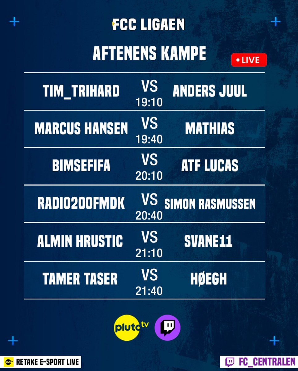 Klar til endnu en dag med masser af dramatik?!🤩 

Se FCC LIGAEN i dag kl 19🔜

Programmet er spækket med massere af topkampe🔥

Se med på Twitch &amp; Pluto TV🖥

#FCCLIGAEN #FC25