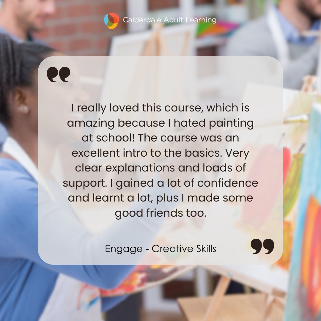 LearningCAL's tweet image. The Engage programme Creative Skills courses are a perfect way to build your wellbeing and discover skills to improve mindfulness. 

There's still chance to get involved with these FREE 6-week courses, find out more by giving us a call on 01422 392820 or checking the website.
