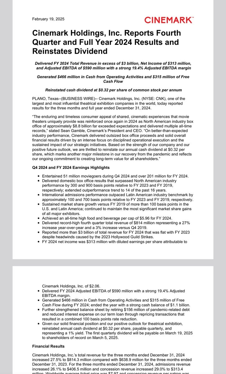 Cinemark: Reinstated an annual cash dividend of $0.32 per share of common stock.

I agree with <a href="/Sojka4President/">Sojka</a> once AMC Theatres turns profitable and reduces some of its debt, reinstating the AMC dividend could be on the horizon! 😁🍿