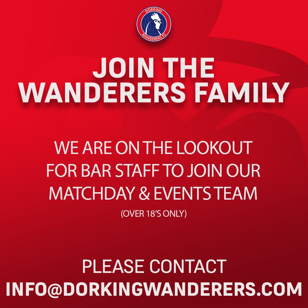 Join the Wanderers Family! 🍻

If you're over 18 and are interesting in working with our valued bar staff on matchdays and events, get in touch today 📲

mailto:info@dorkingwanderers.com 📩