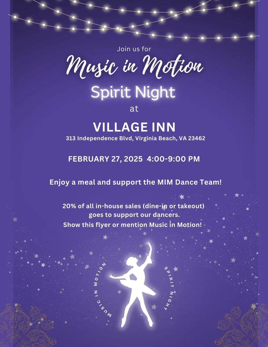 MathNerdCoop's tweet image. Virginia Beach friends and family, 
Lorelei&apos;s dance studio is having a spirit night at Village Inn next Thurs, Feb 27, 4-9 pm. Dine in or order some takeout) and support the MIM Dance Company at the same time! Just show the flyer or mention Music in Motion.💜💙