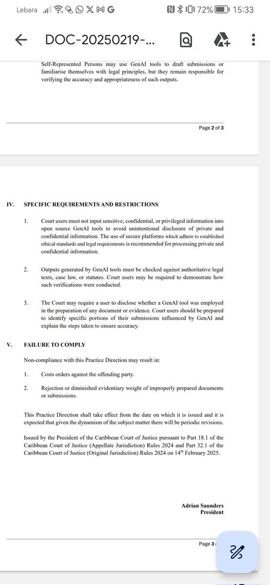 ChidiOdinkalu's tweet photo. The Caribbean Court of Justice has just issued #PracticeDirection No. 1 of 2025 on the use of #GenAI in court filings & processes. Expect a few more courts to go this way.... https://t.co/9OlSgKX07o
