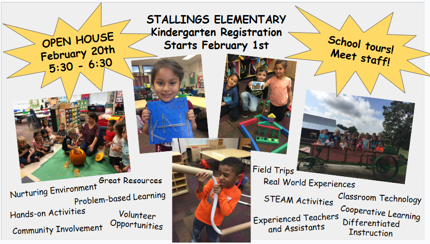 Kindergarten Registration is now open! Be sure to register early and come visit Stallings during our OPEN HOUSE on February 20th.  Drop-in between 5:30pm and 6:30 pm. Can't wait to meet our future Stallions! <a href="/AGHoulihan/">Andrew G. Houlihan</a> <a href="/UCPSNC/">Union County Public Schools</a>