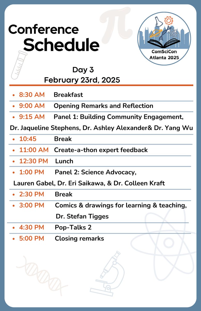 Hi All, 

We are happy to share #comsciconatl2025 program schedule. We are excited about the conference. Stay tuned for more updates. #scicom #comscicon #comsciconatl