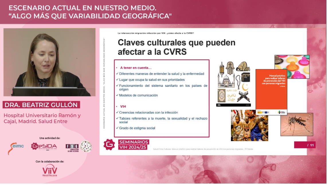 GeSIDA_SEIMC's tweet photo. .@BeatrizGullon explica el escenario actual del VIH en migrantes en nuestro entorno. 49,8% de nuevos casos, más de la mitad tardíos. Gran influencia de factores culturales en cómo, según su lugar de origen, abordan su salud. Esencial la figura del mediador intercultural. https://t.co/PEgvdmNqFy