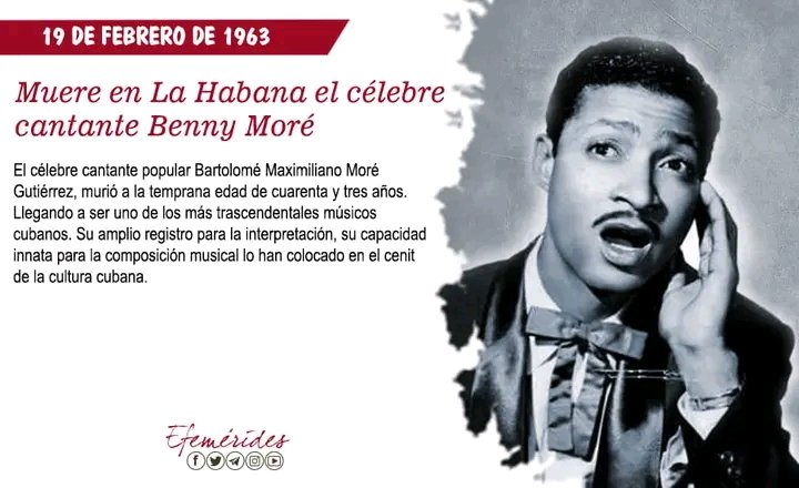 Yorqui Navarro Pérez (@yorquinavarro) on Twitter photo 🎶 El 19 de febrero de 1963, muere el popular músico Benny Moré, el Bárbaro del Ritmo, a la edad de 43 años.
#TenemosMemoria
#CubaViveEnSuHistoria
<a href="/AlfreMene37409/">Alfre Menendez</a> <a href="/JHGcasanova/">julio Heriberto Gómez Casanova</a> <a href="/AsambleaCuba/">Asamblea Nacional Cuba</a> <a href="/yamila_padron/">Yamila Cruz Padrón</a> <a href="/benito_mar35369/">Benito MartÃnez</a> 🎶 El 19 de febrero de 1963, muere el popular músico Benny Moré, el Bárbaro del Ritmo, a la edad de 43 años.
#TenemosMemoria
#CubaViveEnSuHistoria
<a href="/AlfreMene37409/">Alfre Menendez</a> <a href="/JHGcasanova/">julio Heriberto Gómez Casanova</a> <a href="/AsambleaCuba/">Asamblea Nacional Cuba</a> <a href="/yamila_padron/">Yamila Cruz Padrón</a> <a href="/benito_mar35369/">Benito MartÃnez</a>