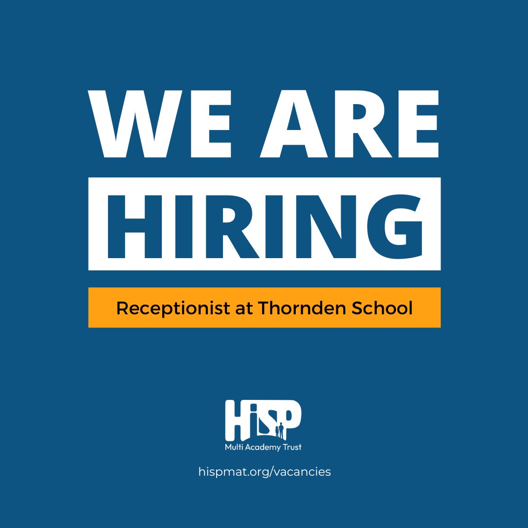 HISP Multi Academy Trust (@hisp_mat) on Twitter photo 📢 We’re hiring!
✅ Receptionist
📍 Thornden School, SO53 2DW
📅 Immediate start preferable
Are you organised, friendly & professional? Join <a href="/ThorndenSchool/">Thornden School</a> & be the first point of contact for students, staff & visitors!
Apply now 👉 hispmat.org/vacancies 📢 We’re hiring!
✅ Receptionist
📍 Thornden School, SO53 2DW
📅 Immediate start preferable
Are you organised, friendly & professional? Join <a href="/ThorndenSchool/">Thornden School</a> & be the first point of contact for students, staff & visitors!
Apply now 👉 hispmat.org/vacancies