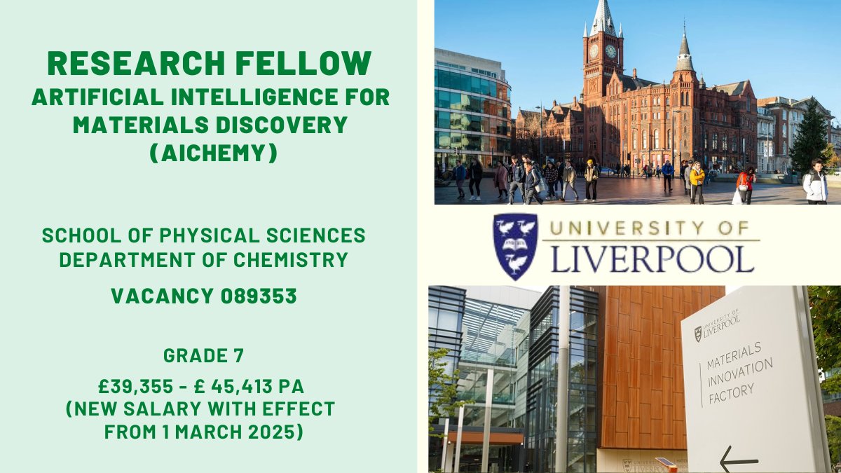 Liverpool University Jobs (@livunijobs) on Twitter photo ✨A #Research Fellow position is available in the group of Professor M. J. Rosseinsky OBE FRS to work in a team of #computer #scientists and #materials #chemists funded by the #AlChemy.
Information /Apply➡️tinyurl.com/97dccs2h
<a href="/livunieng/">School of Engineering LivUni</a> <a href="/livuniphyssci/">School of Physical Sciences</a> <a href="/LivUniResearch/">Research at University of Liverpool</a> ✨A #Research Fellow position is available in the group of Professor M. J. Rosseinsky OBE FRS to work in a team of #computer #scientists and #materials #chemists funded by the #AlChemy.
Information /Apply➡️tinyurl.com/97dccs2h
<a href="/livunieng/">School of Engineering LivUni</a> <a href="/livuniphyssci/">School of Physical Sciences</a> <a href="/LivUniResearch/">Research at University of Liverpool</a>