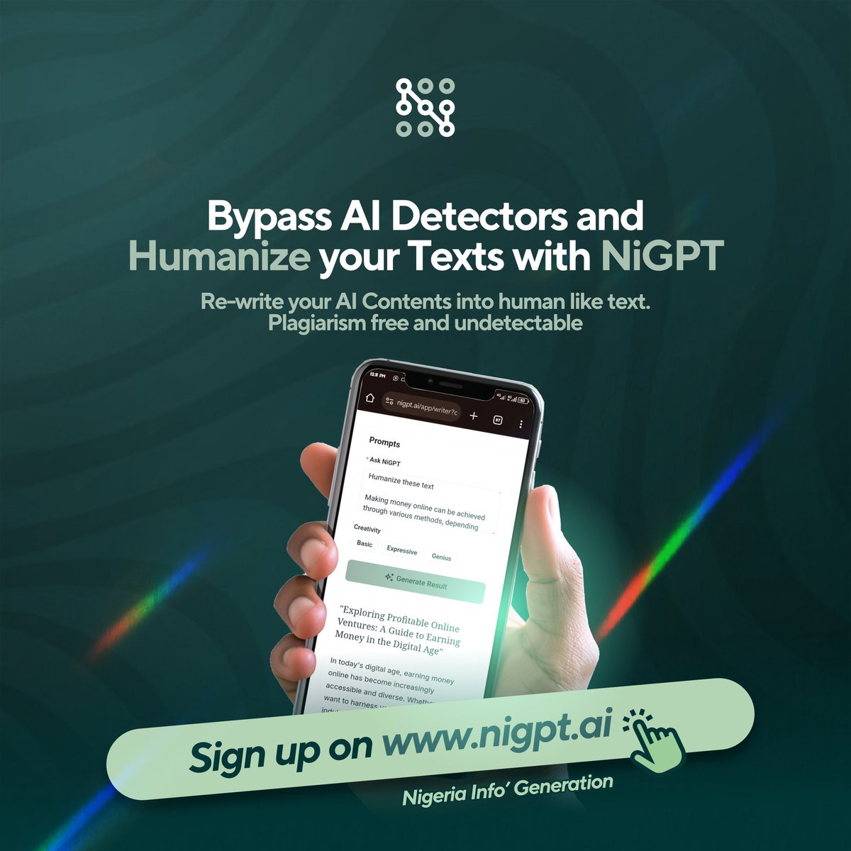 NiGPTai23's tweet image. Elevate your digital content game with NiGPT. Bypass AI detectors effortlessly and bring a human touch to everything you write. ✨

#NiGPT #AIDetectorBypass #HumanLikeText #CreativeContent #AIRewrite #WritingEvolution #DigitalMagic #ContentCreation